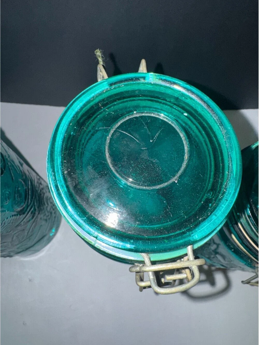 Vtg Mcm Emerald Green Fruit, Grape Design Glass Canister Set Wire Bail Lids 3pc